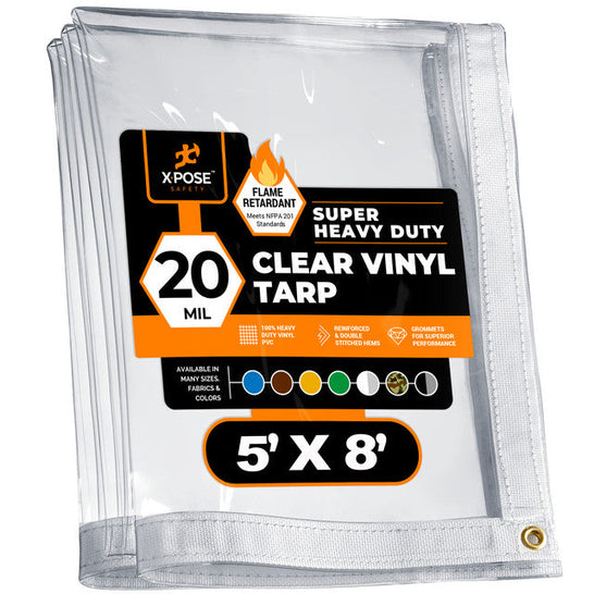 fire retardant tarps Xpose SAFETY Heavy Duty Tarp, 5 ft x 8 ft, 20 Mil, Clear, Vinyl, Fire Retardant, CVTFR-58
