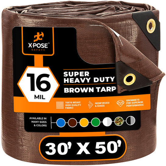 brown tarp XPOSE SAFETY 16 Mil 30 ft. W x 50 ft. L Brown Super Heavy Duty Tarp