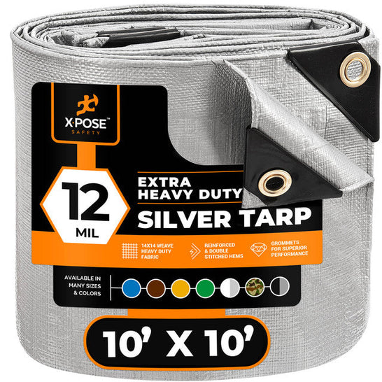 silver tarp XPOSE SAFETY 12 Mil Silver Extra Heavy Duty Poly Tarp, 10' x 20' / Case